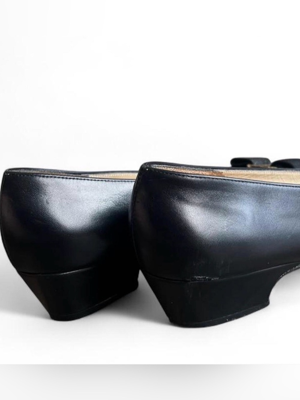 Vintage Ferragamo Black Leather Vara Low Block Pumps W/ Bow Size 9 D Wide